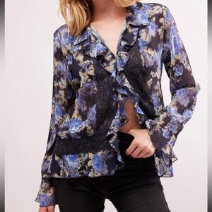 NWT FREE PEOPLE Blouse Sz M Floral Blue Black Lace Boho Fairy Ella Langley